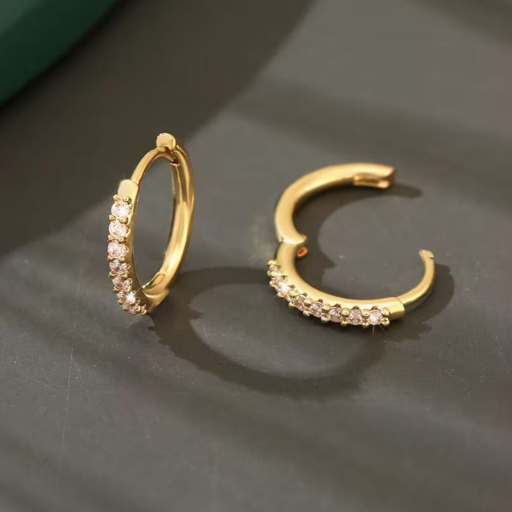 Gold Clear Zirconia Crystal Hoop Earrings Multi Studded Gemstone Hinged